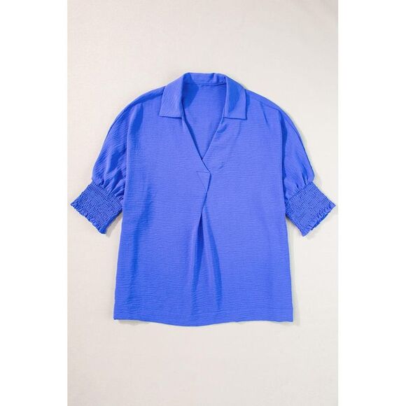 Everyday the Label Smocked Johnny Collar Half Sleeve Blouse Women Blue Blouses & - Picture 3 of 5